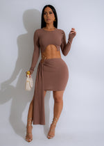 Deep brown ribbed skirt set with matching crop top on model