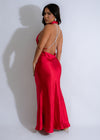 Long elegant red satin maxi dress with luminous pearl detailing 