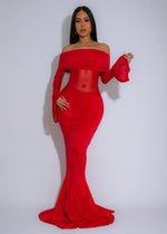 Scarlet Drape Mesh Ruched Maxi Dress Red