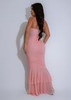 Beautiful pink Seraphina Draped Elegance Mesh Ruched Maxi Dress with flattering draped design and intricate ruching