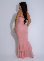 Beautiful pink Seraphina Draped Elegance Mesh Ruched Maxi Dress with flattering draped design and intricate ruching