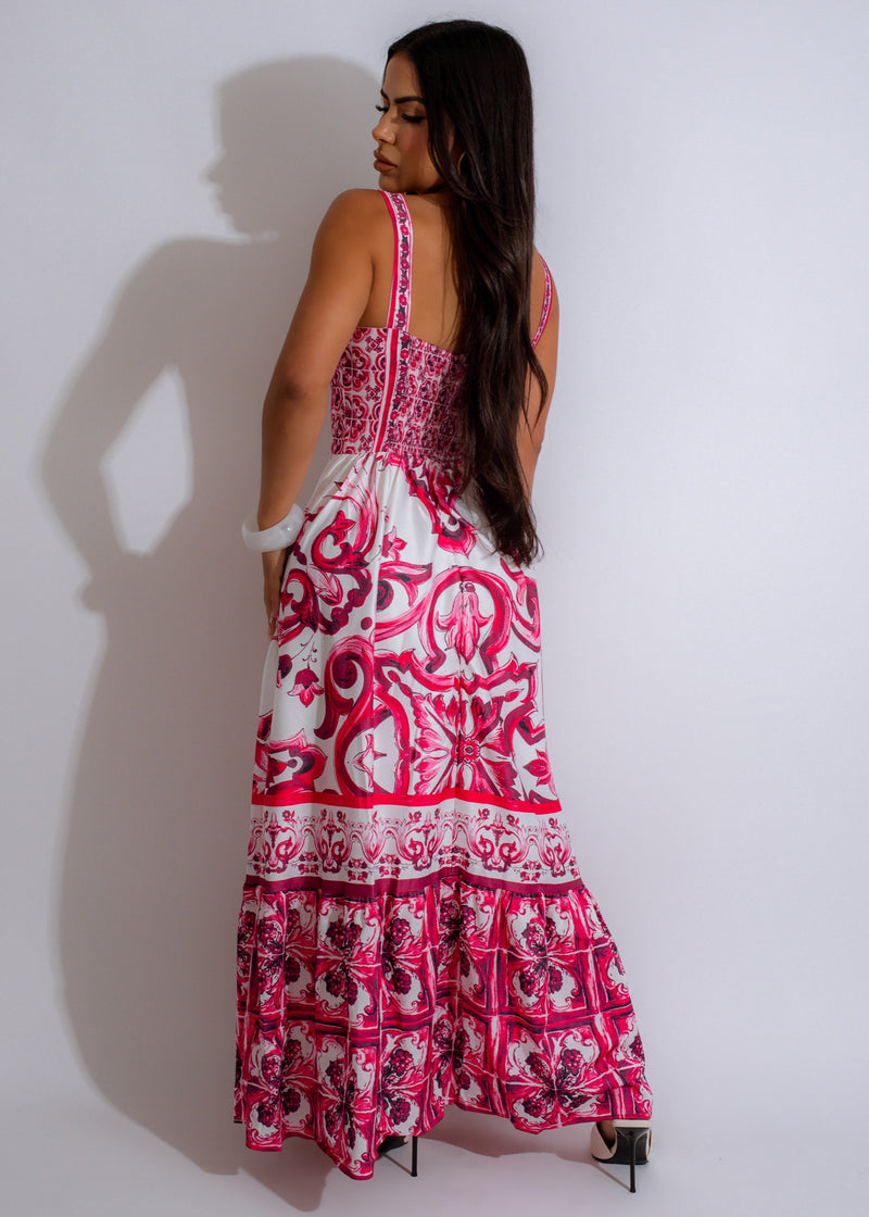 Alt text: Beautiful red Dainty Blossom Maxi Dress with delicate floral print