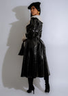  Stylish and sleek Midnight Glacier Faux Leather Coat Black on model with fur collar and pocket accents