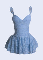 Beautiful blue lace mini dress with delicate floral details and flattering silhouette