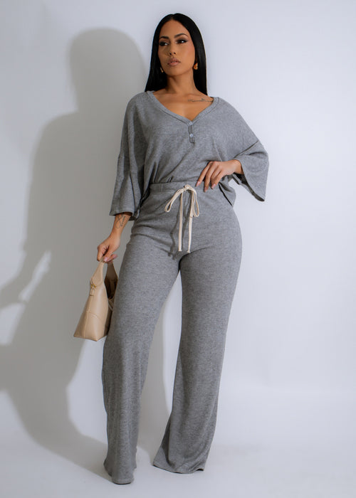 Grey lounge pant set with comfortable elastic waistband and drawstring for a cozy feel at sunset 