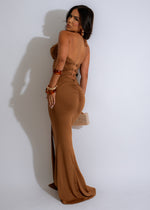 
Sunset Goddess Ruched Maxi Dress Brown - Close-up of the soft, lightweight fabric and intricate ruching details in a flattering brown hue