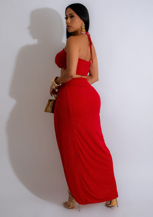  Shimmering red two-piece set with flowing skirt and matching top