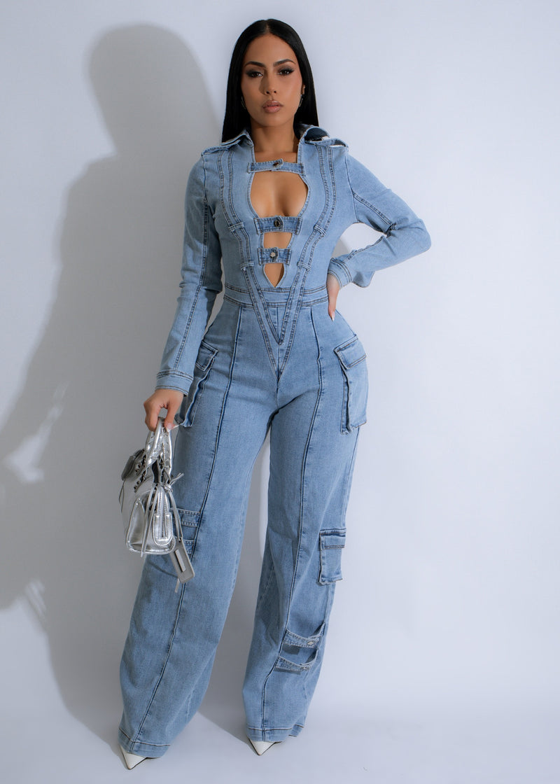 Front view of Street Luxe Cargo Jumpsuit in Light Denim, featuring multiple pockets and adjustable waist tie