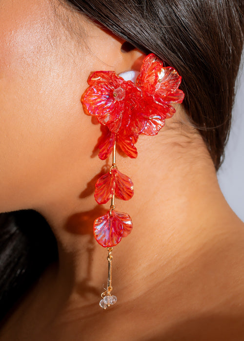 Beautiful red iridescent bloom earrings with intricate floral design and shimmering finish