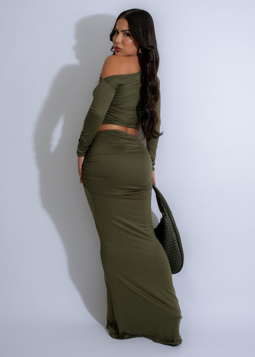 Stylish ethereal duo set featuring a ruched skirt in beautiful green