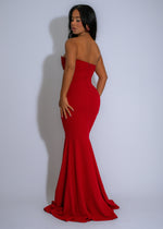  Red maxi dress with cascading rhinestones and flattering ruched detailing, styled in a glamorous evening look