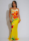 Poetic Love Floral Satin Maxi Dress Yellow