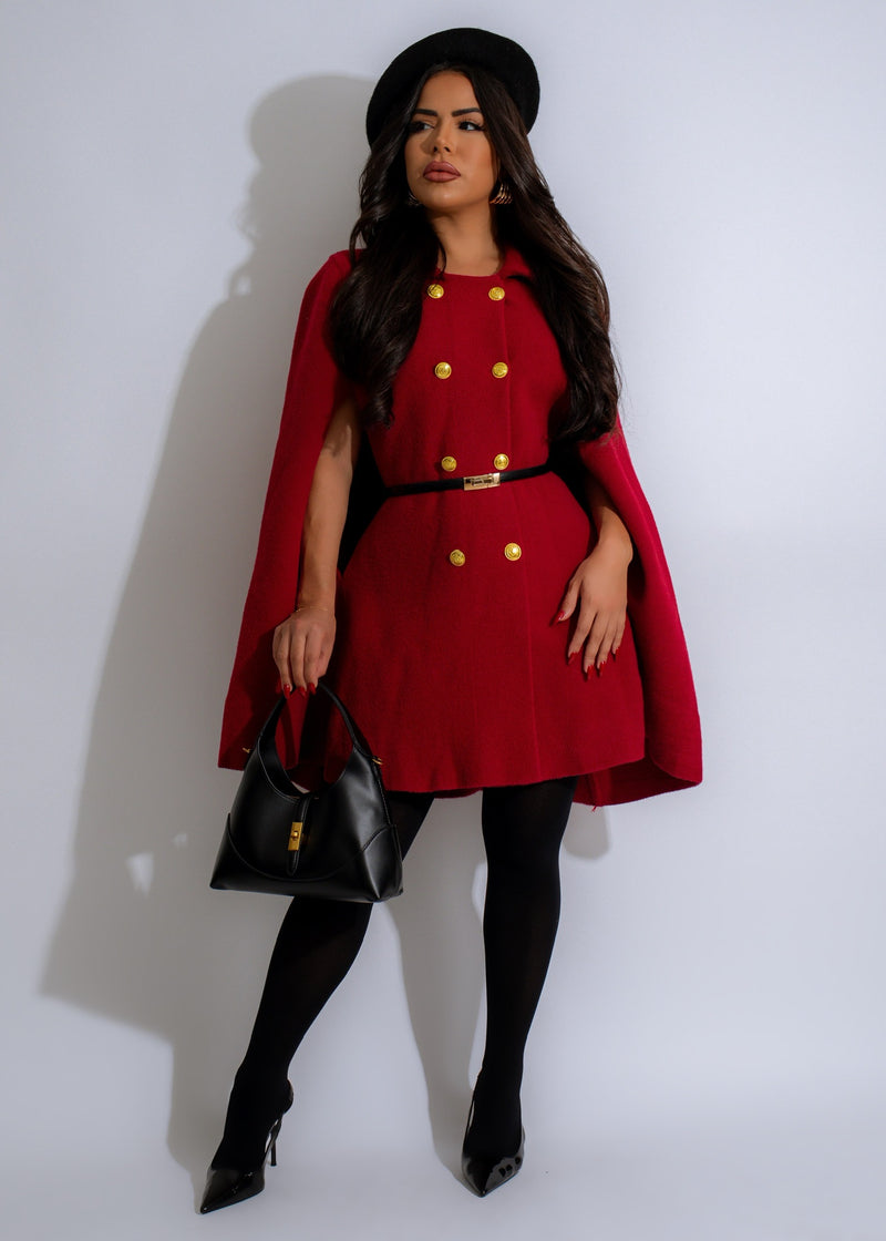 Stylish Cardinal Majesty Coat Red with faux fur collar and belted waist