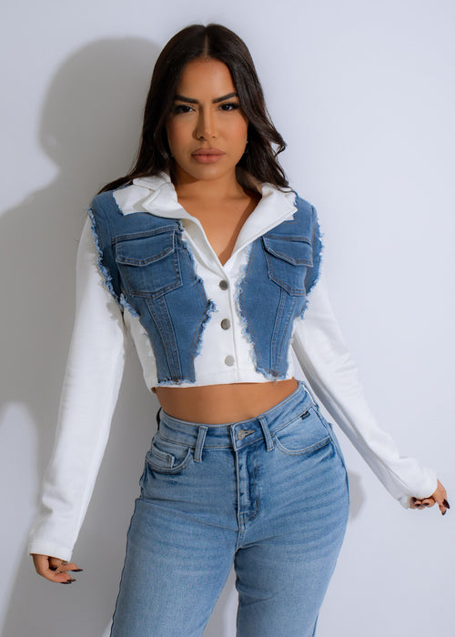 Stylish and versatile Edge Fusion Distressed Denim Jacket in crisp white