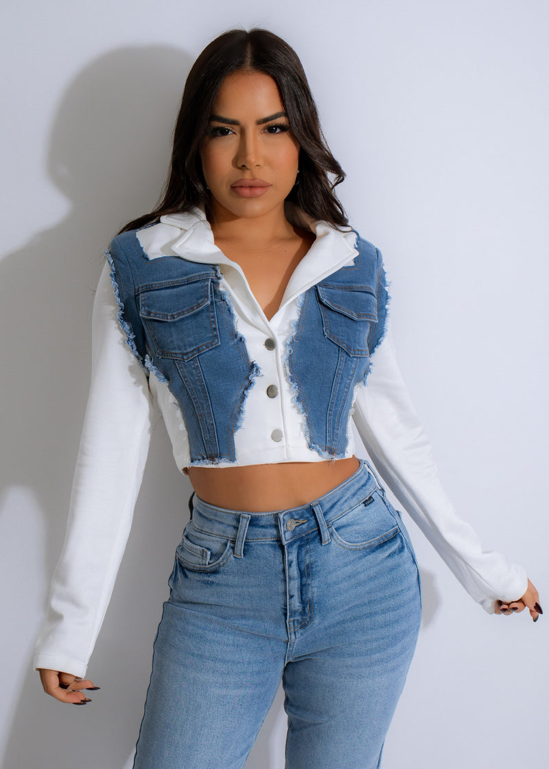 Stylish and versatile Edge Fusion Distressed Denim Jacket in crisp white