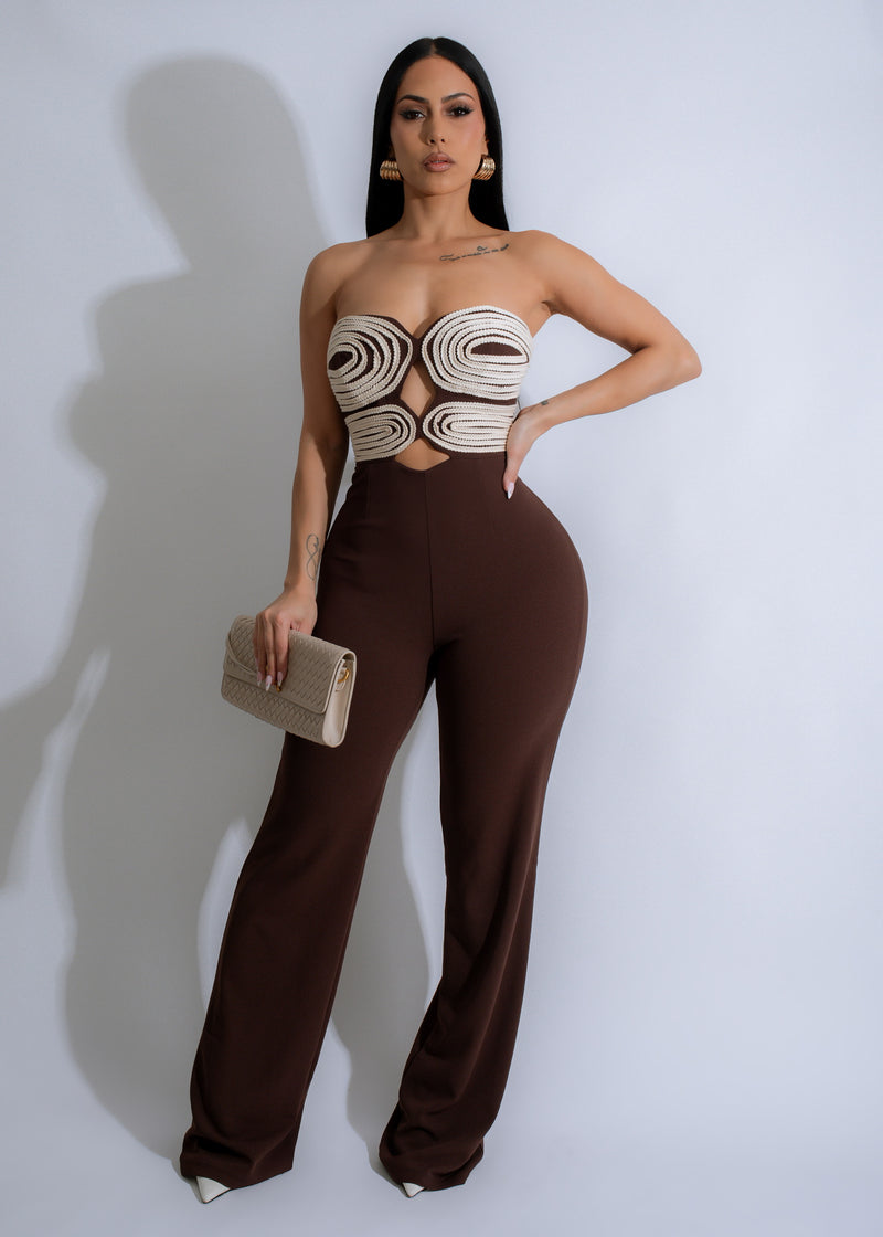 Spiral Seduction Jumpsuit Brown, a stylish and comfortable fashion piece for women