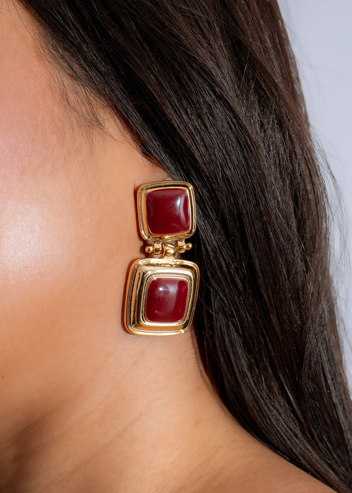 Beautiful Majestic Duo Earrings Red, featuring intricate red gemstones and elegant design