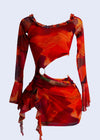 Vibrant orange mini dress featuring mesh fabric and flirty design