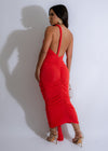 Elegant and vibrant red midi dress with ruched details and cascading hem