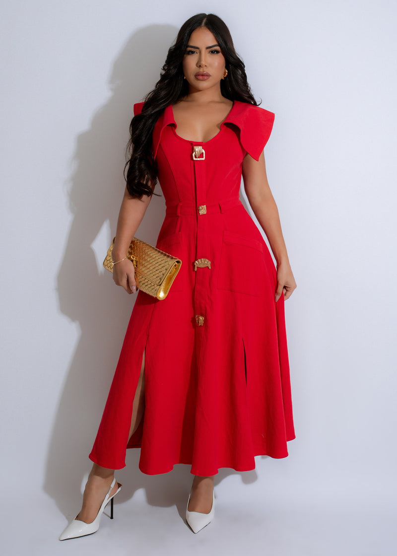 The Firewalk Midi Dress Red: A stunning red dress with a flattering midi length and elegant design, perfect for any special occasion or evening event