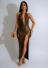 Out Of Office Ruched Maxi Dress Gold in shimmering metallic fabric with ruched detailing