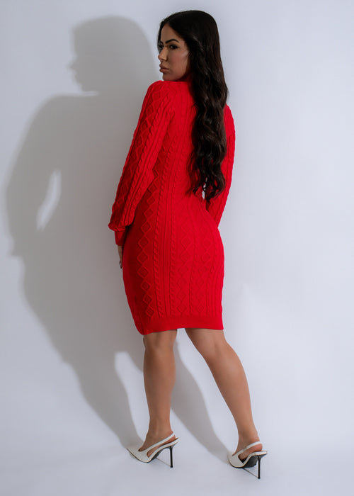 Close-up detail of the exquisite knit texture of the Frosted Grace Knit Mini Dress Red, showcasing the high-quality craftsmanship and luxurious feel of the fabric