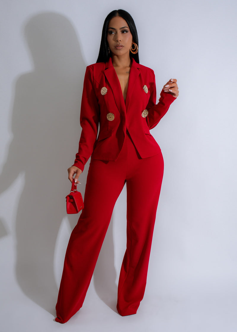 Full-length red pant set with elegant embroidery and matching top