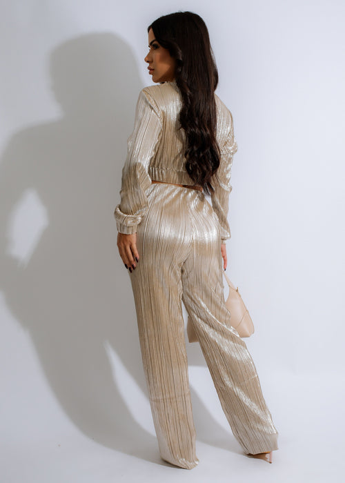 Two-piece metallic gold pant set featuring a sleeveless top and high-waisted wide-leg pants