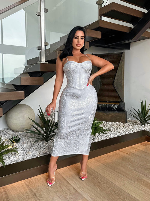  Elegant Silver Shimmer Midi Dress White with a flattering silhouette