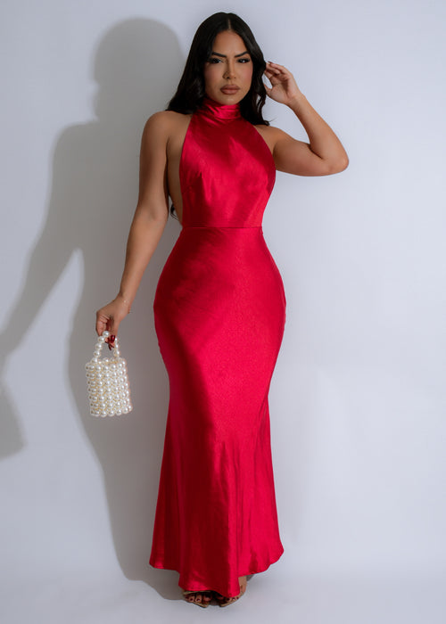  Stunning red satin dress with a luminous sheen and pearl accents