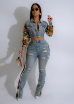 Light denim distressed denim pant set with a stylish and versatile design