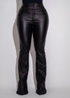 Obsidian Flair Faux Leather Pants Black* - Front view of sleek black faux leather pants with zipper detail and skinny fit