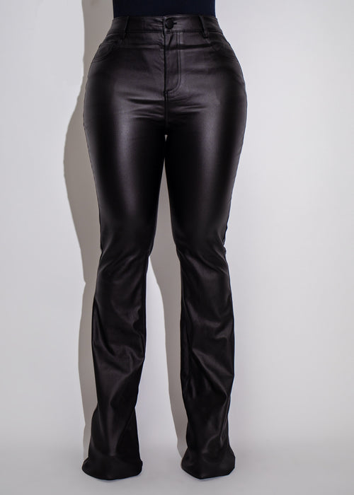 Obsidian Flair Faux Leather Pants Black* - Front view of sleek black faux leather pants with zipper detail and skinny fit