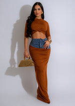 Don't Come Back Ruched Denim Skirt Set Brown with matching crop top and high-waisted skirt for women's fashion 