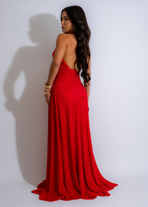 Elegant and flowy Enchanted Girl Ruched Maxi Dress in striking red color