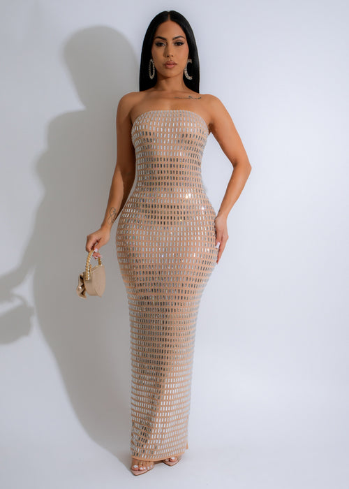 Golden Mirage Mesh Rhinestone Maxi Dress Nude - Front view, sparkling rhinestone details, nude color, floor-length gown