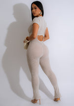 Two-piece loungewear set in nude with waffle knit texture, trendy and comfortable