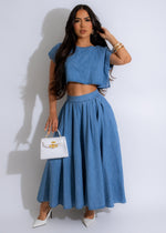 Stylish Delight Skirt Set Denim with matching top and skirt for women, perfect for casual outings and gatherings, made with high-quality denim material and comfortable design