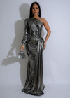 Gilded Glow Metallic Ruched Maxi Dress Silver with elegant ruched detailing and metallic shine 