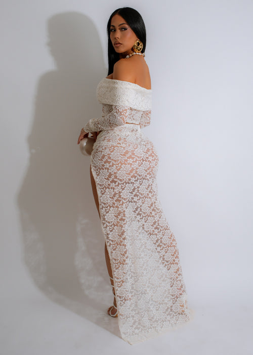 Stunning Midnight Ensemble Lace Skirt Set in elegant and classic white color