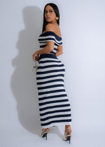  Chic and versatile Riviera Stride Stripes Skirt Set Blue, featuring a flattering striped skirt and matching top for a put-together look