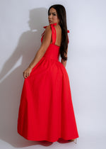 Radiant Romance Maxi Dress Red - Back view of the red dress with intricate lace detailing and adjustable straps