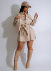 Urban Command Faux Leather Mini Dress Nude on model walking in city