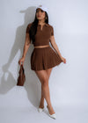 Simplicity Pleated Knit Skirt Set Brown, a stylish and versatile outfit perfect for any occasion, featuring a comfortable knit skirt and matching top in a rich brown color with a flattering pleated design and a relaxed fit