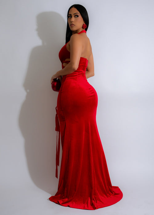 Crimson Shadow Velvet Maxi Dress Red, a stunning and eye-catching red dress with a rich velvet fabric and a flattering maxi length, ideal for making a statement at any event