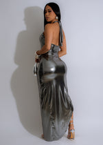  Stunning silver maxi dress with metallic sheen, perfect for formal gatherings and glamorous nights out