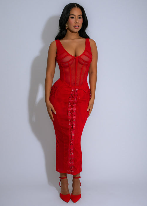 Stunning Crimson Whimsy Mesh Midi Dress in Bold Red, Perfect for Special Occasions or Evening Events, Featuring Sheer Mesh and Flattering Fit