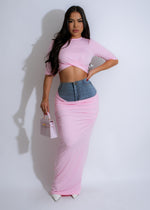 Don't Come Back Ruched Denim Skirt Set Pink with front slit and matching crop top