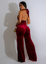 Velvet Nights Jumpsuit Red from back view, showcasing the design and fit