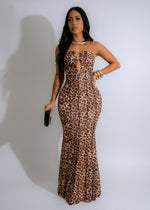 Beautiful brown mesh maxi dress with intricate detailing and flattering silhouette